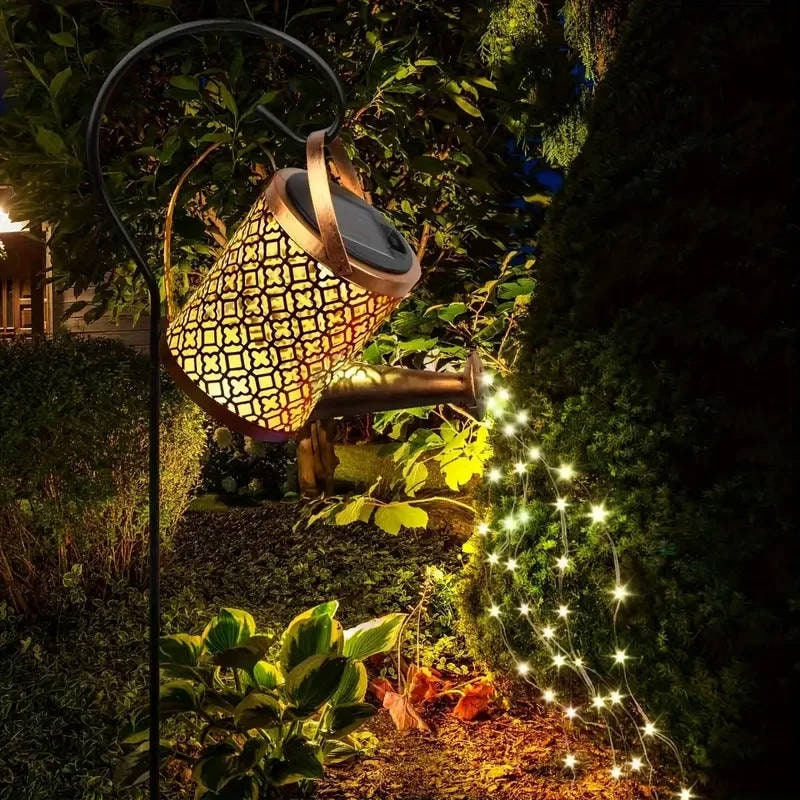 Outdoor Solar Garden Light with Metal Watering Can and Cascading LED String Copper