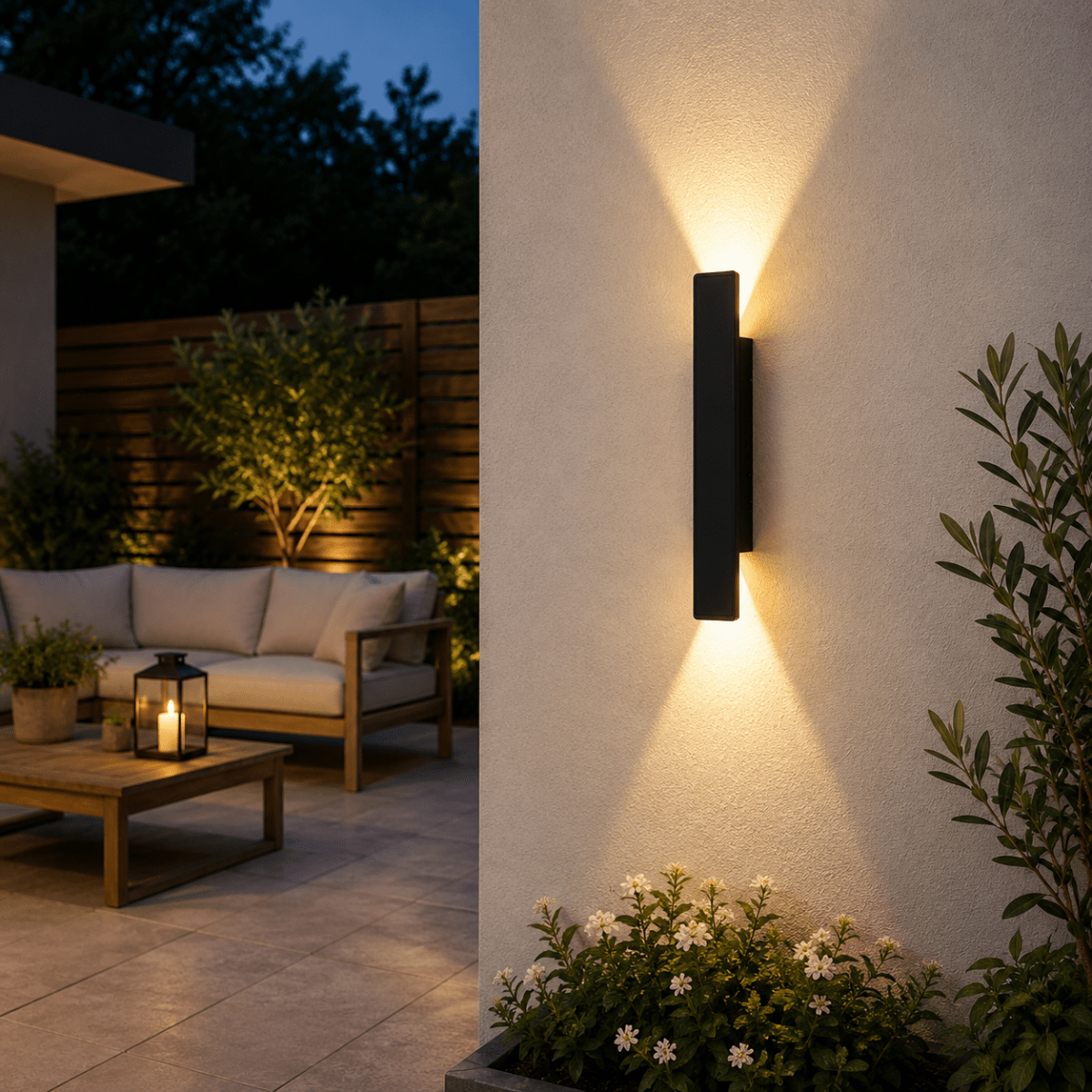 Outdoor Wall Sconce and Light with LED Up Down Lighting and Modern Rectangular Design