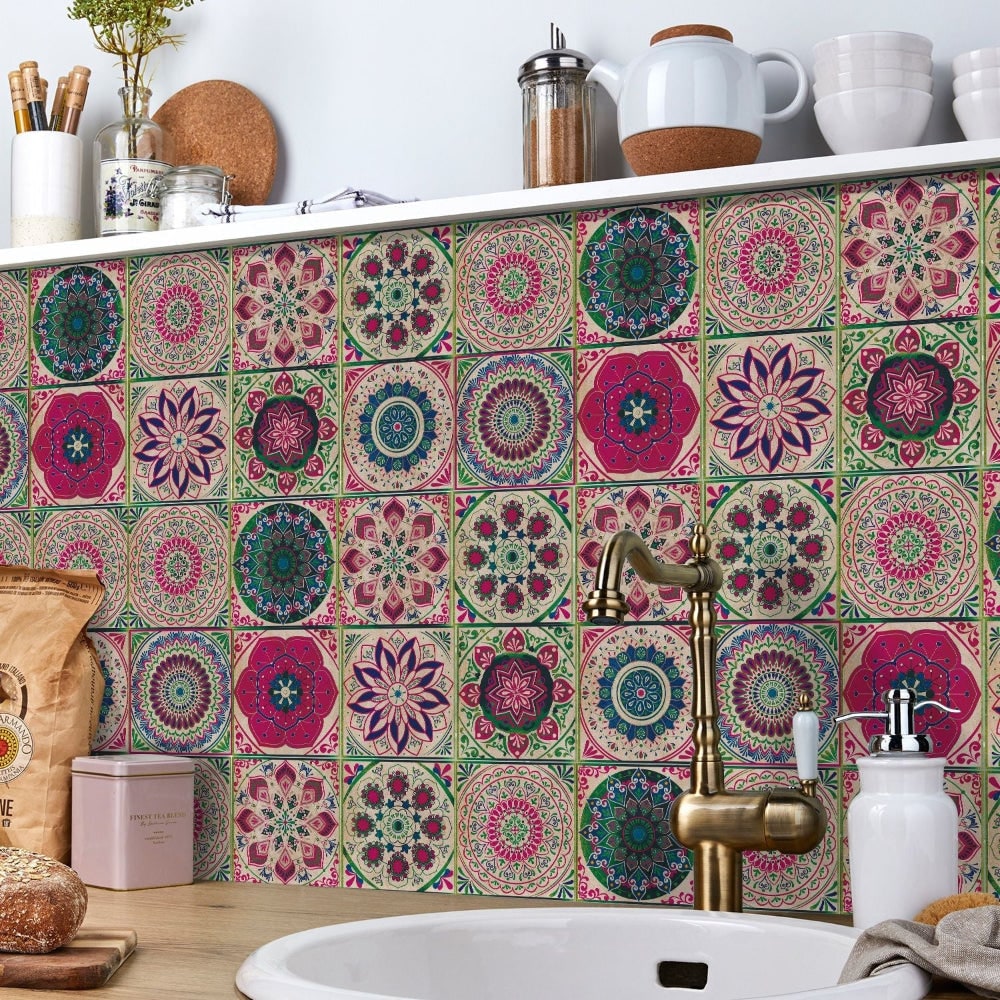 Peel and Stick Tile Backsplash Wall Art Decor Stickers with Mandala Patterns Pack of 24