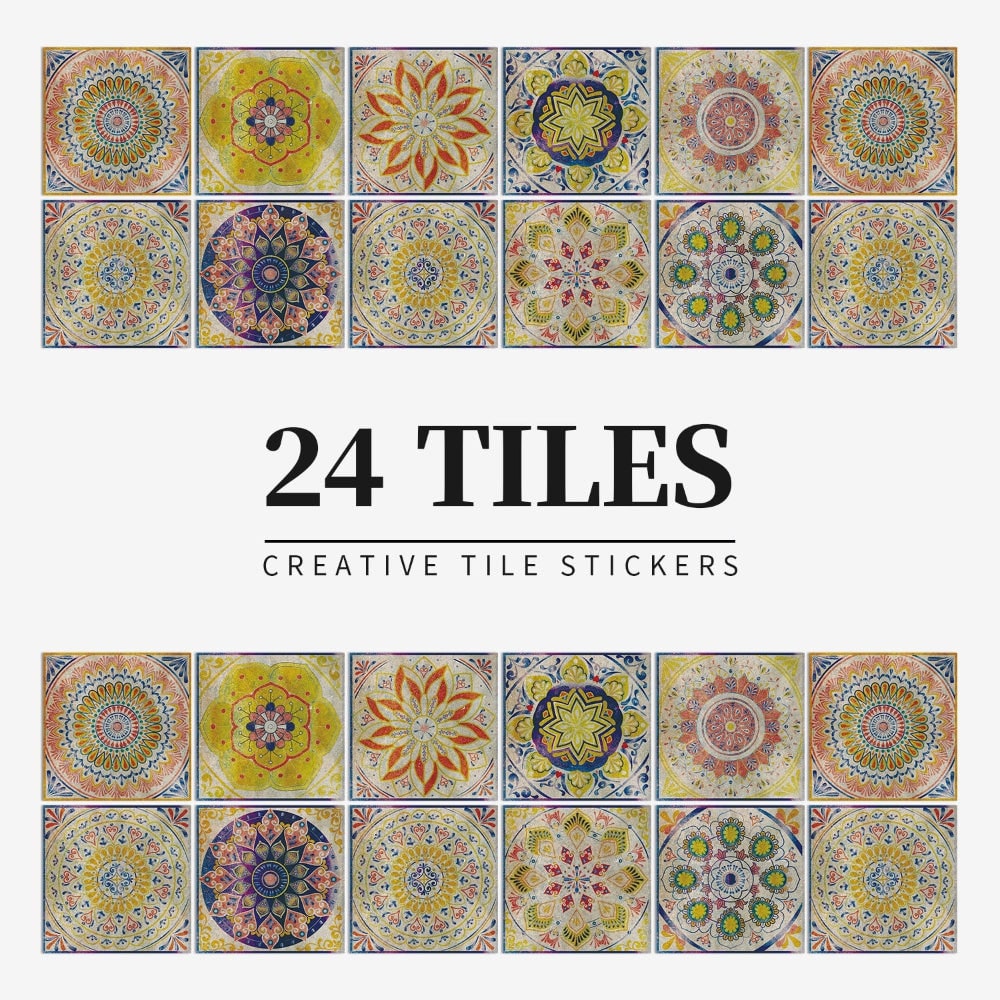 Peel and Stick Tile Backsplash Wall Art Decor Stickers with Mandala Patterns Pack of 24