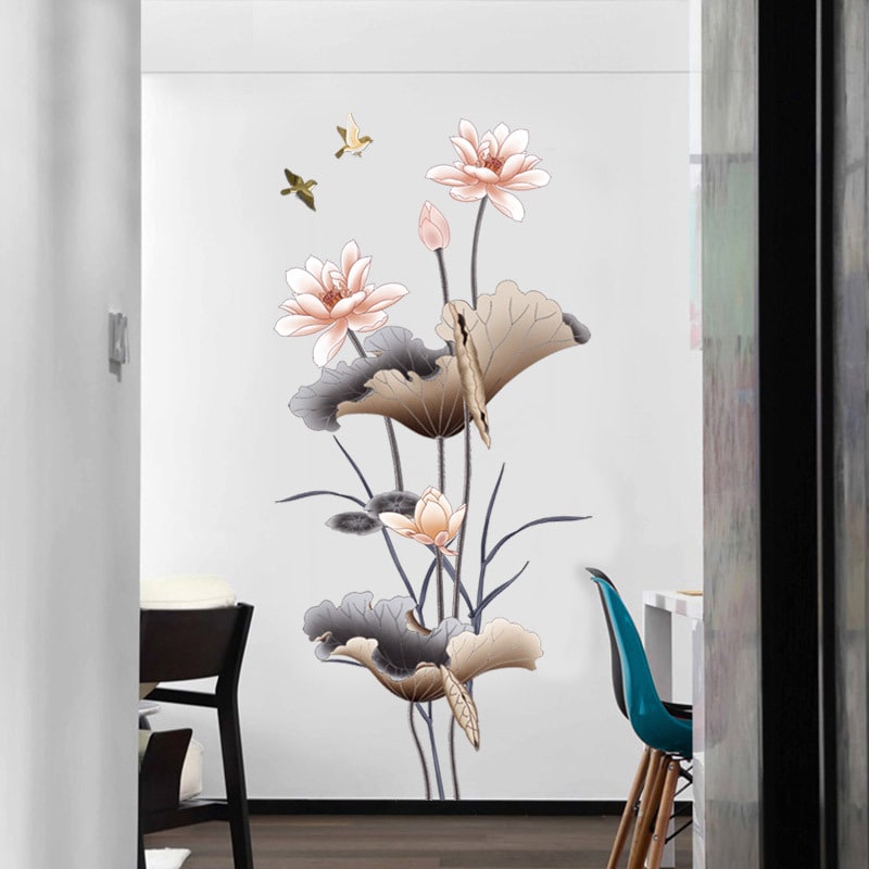 Peel and Stick Wall Decal Sticker with Lotus Flower and Birds Design Waterproof Vinyl Art
