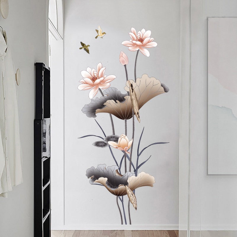 Peel and Stick Wall Decal Sticker with Lotus Flower and Birds Design Waterproof Vinyl Art