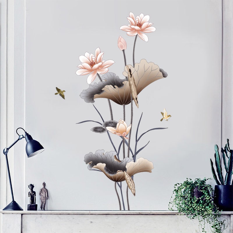 Peel and Stick Wall Decal Sticker with Lotus Flower and Birds Design Waterproof Vinyl Art