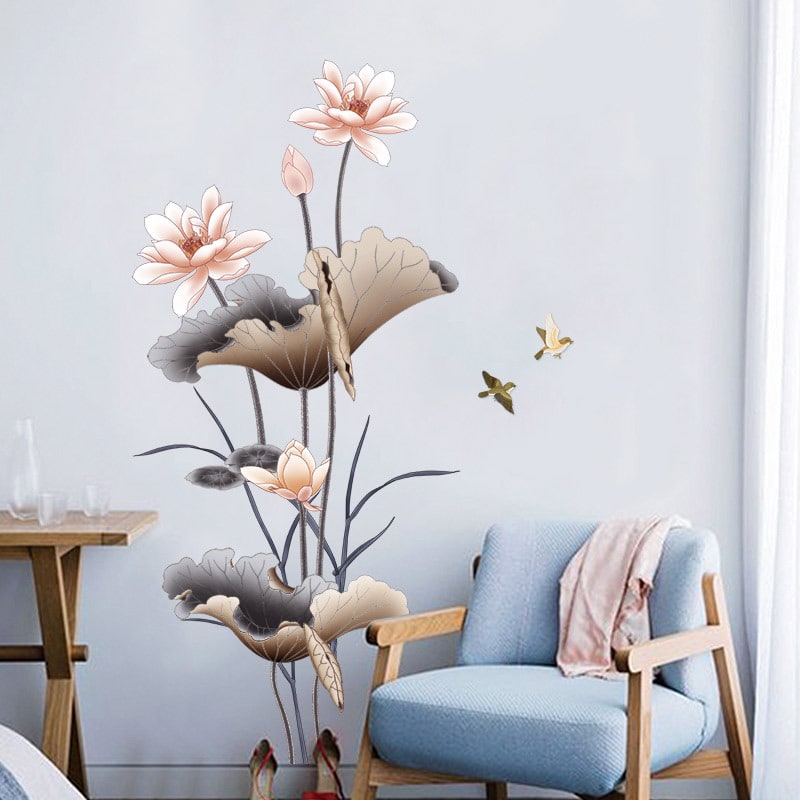 Peel and Stick Wall Decal Sticker with Lotus Flower and Birds Design Waterproof Vinyl Art