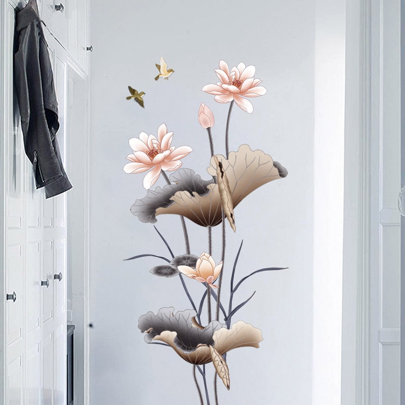 Peel and Stick Wall Decal Sticker with Lotus Flower and Birds Design Waterproof Vinyl Art