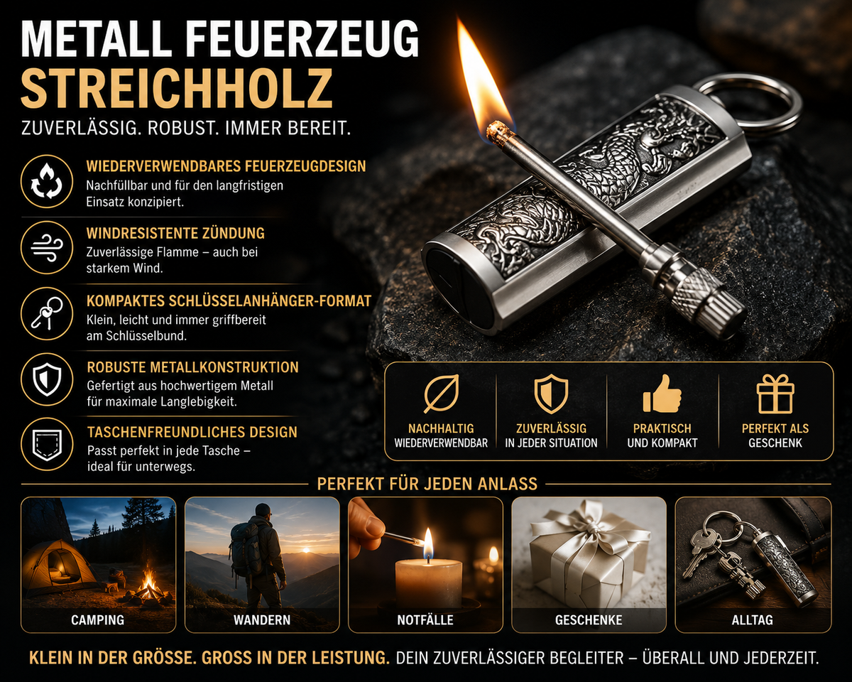 Permanent Match Lighter Fire Starter with Waterproof Metal Construction and Keychain Clip