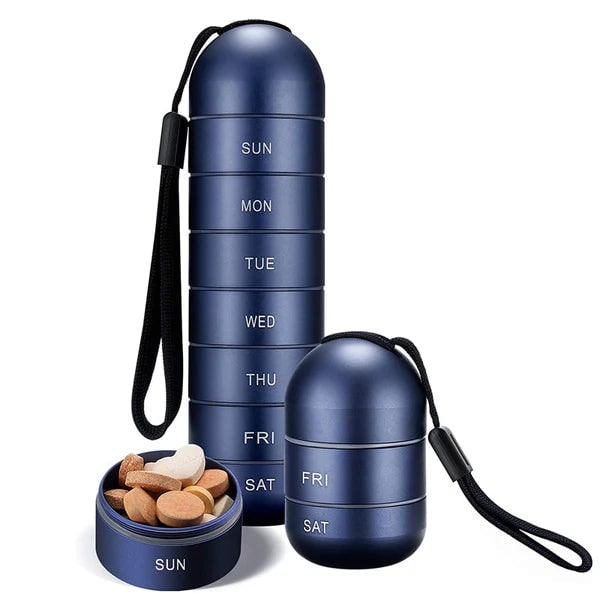7 Day Weekly Pill Organizer Portable Metal Stackable with Lanyard and Silicone Seals