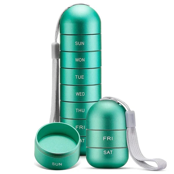 7 Day Weekly Pill Organizer Portable Metal Stackable with Lanyard and Silicone Seals