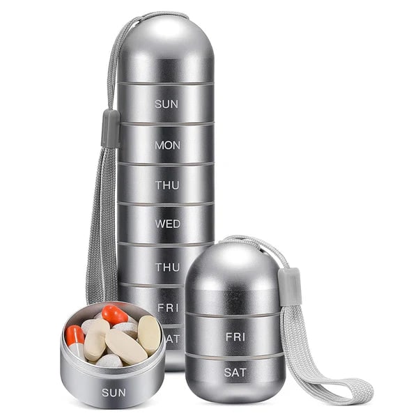 7 Day Weekly Pill Organizer Portable Metal Stackable with Lanyard and Silicone Seals