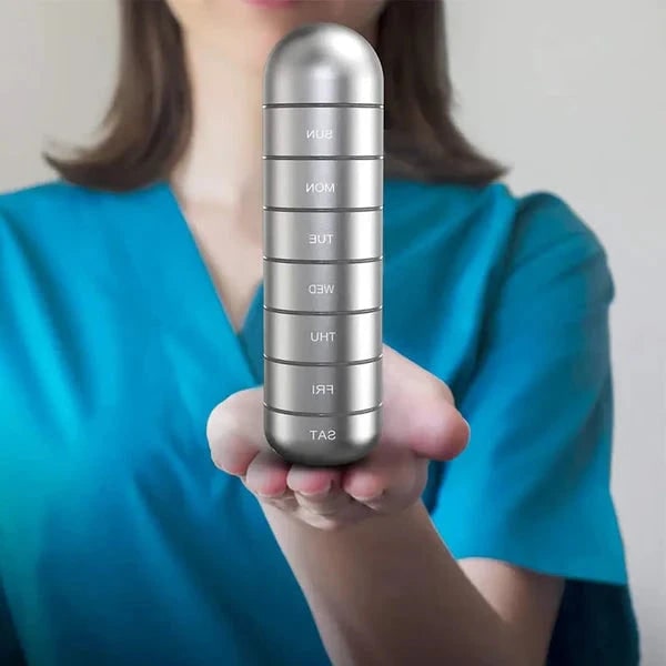 7 Day Weekly Pill Organizer Portable Metal Stackable with Lanyard and Silicone Seals
