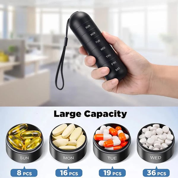 7 Day Weekly Pill Organizer Portable Metal Stackable with Lanyard and Silicone Seals
