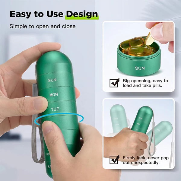7 Day Weekly Pill Organizer Portable Metal Stackable with Lanyard and Silicone Seals