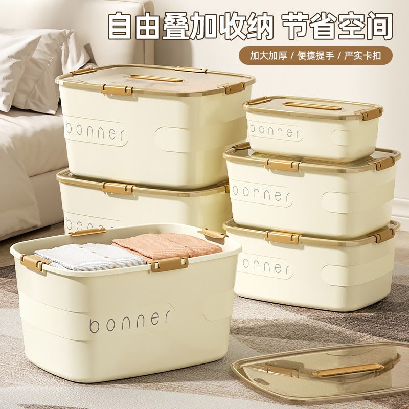 Plastic Storage Bin with Lid and Latch Closures 27 Gallon Stackable Box with Handle