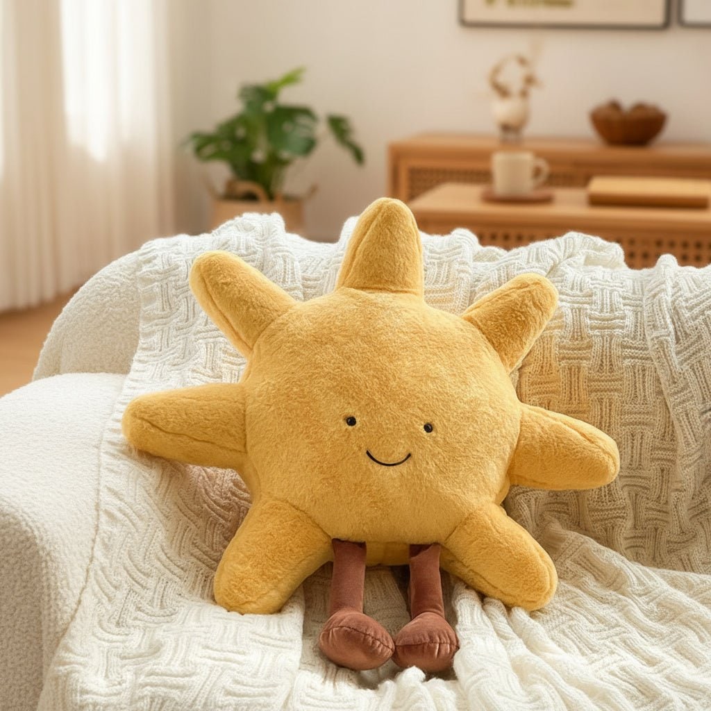 Plush Toy Decorative Throw Pillow with Fuzzy Fabric and Embroidered Smiling Face Sun And Moon
