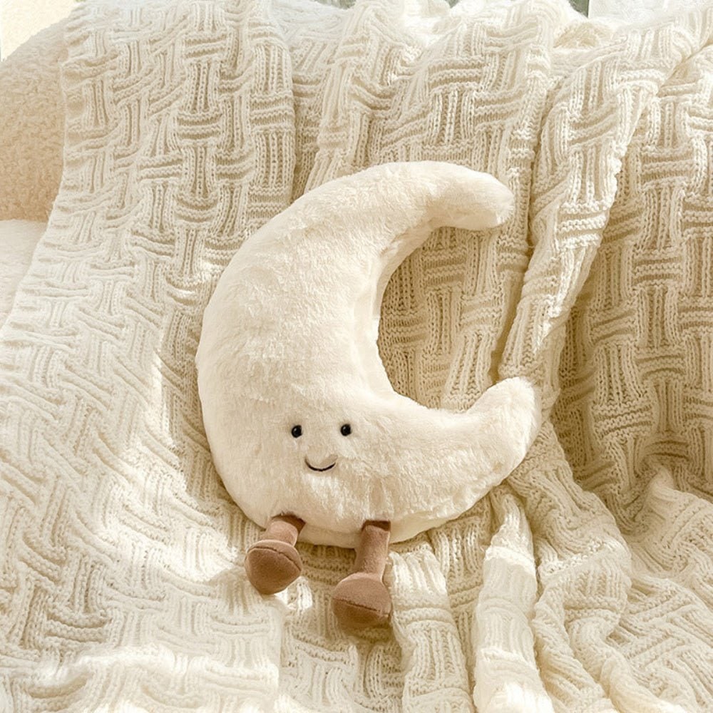 Plush Toy Decorative Throw Pillow with Fuzzy Fabric and Embroidered Smiling Face Sun And Moon
