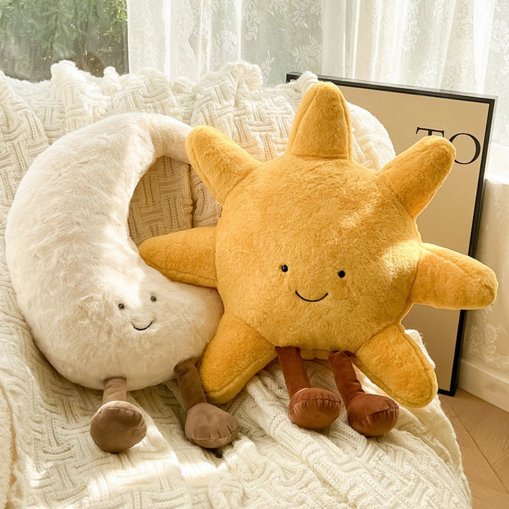 Plush Toy Decorative Throw Pillow with Fuzzy Fabric and Embroidered Smiling Face Sun And Moon