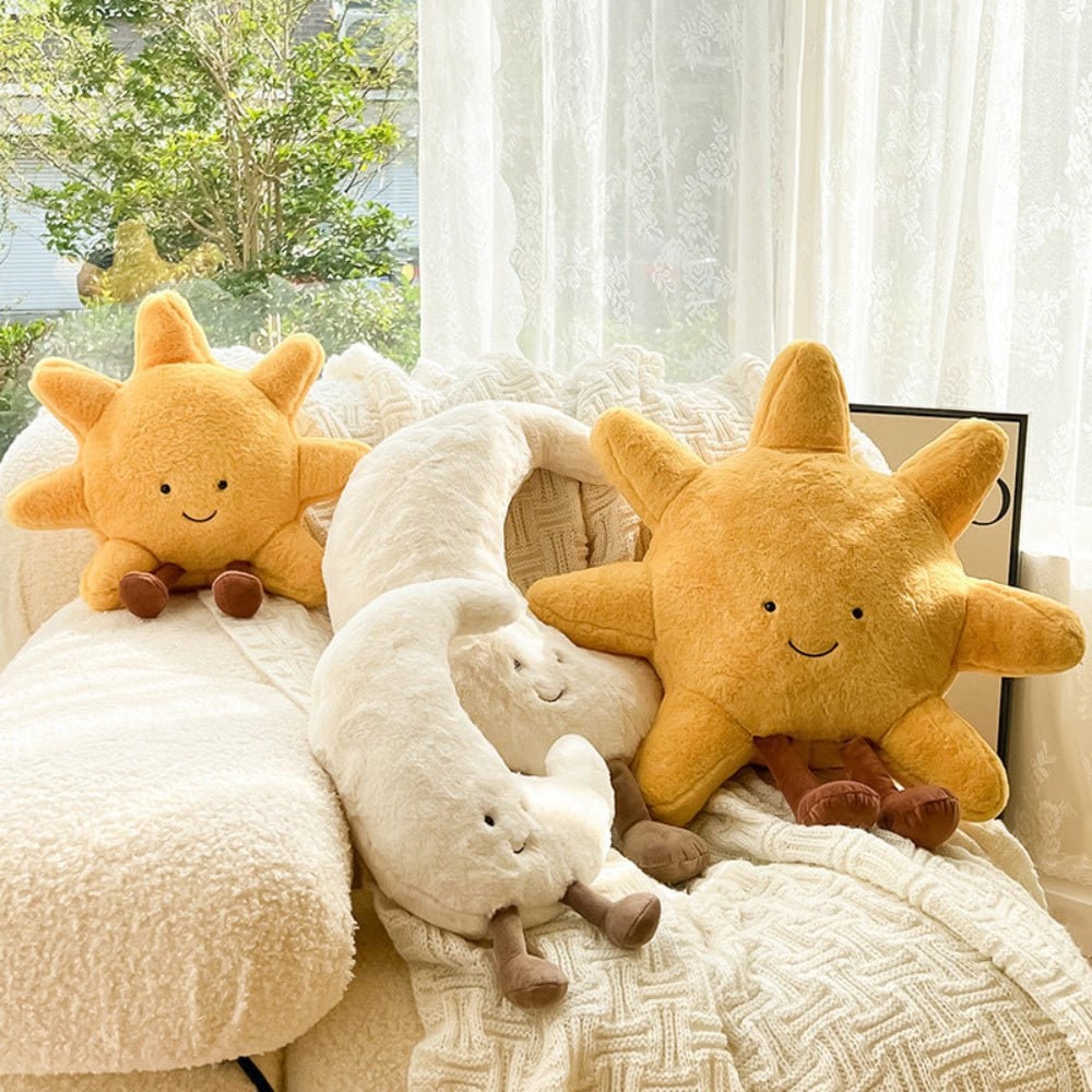 Plush Toy Decorative Throw Pillow with Fuzzy Fabric and Embroidered Smiling Face Sun And Moon