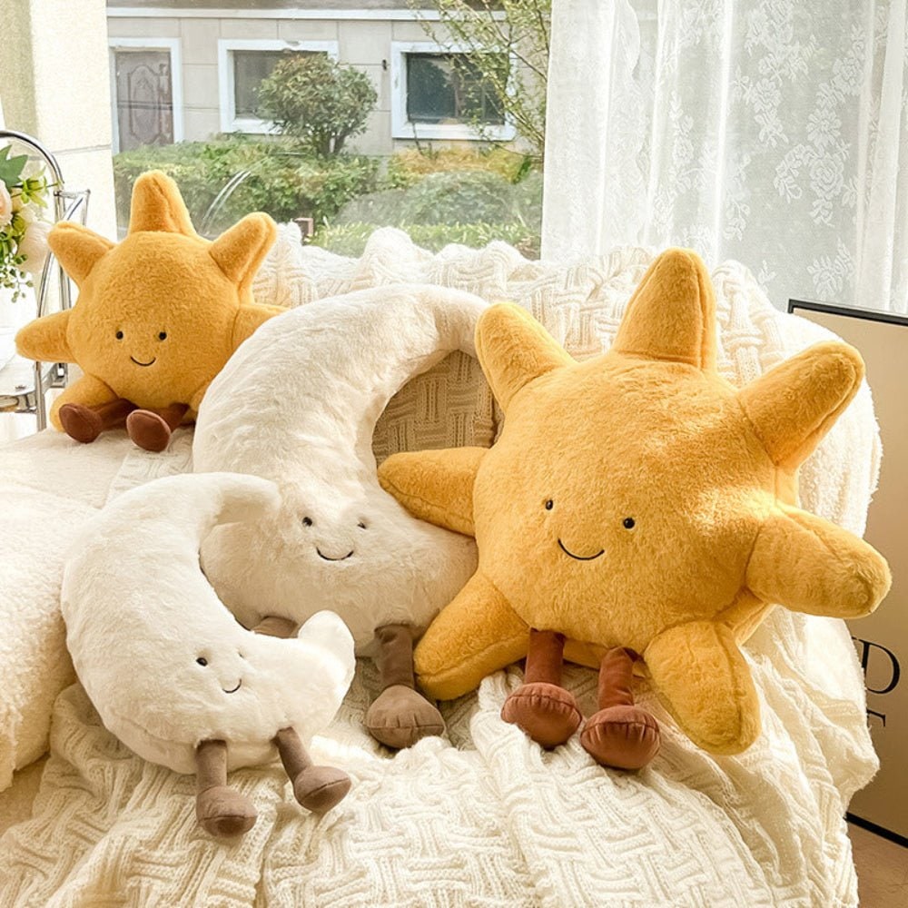 Plush Toy Decorative Throw Pillow with Fuzzy Fabric and Embroidered Smiling Face Sun And Moon