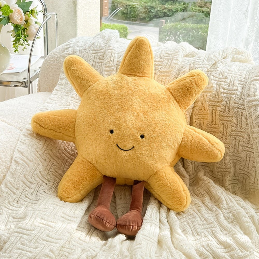 Plush Toy Decorative Throw Pillow with Fuzzy Fabric and Embroidered Smiling Face Sun And Moon