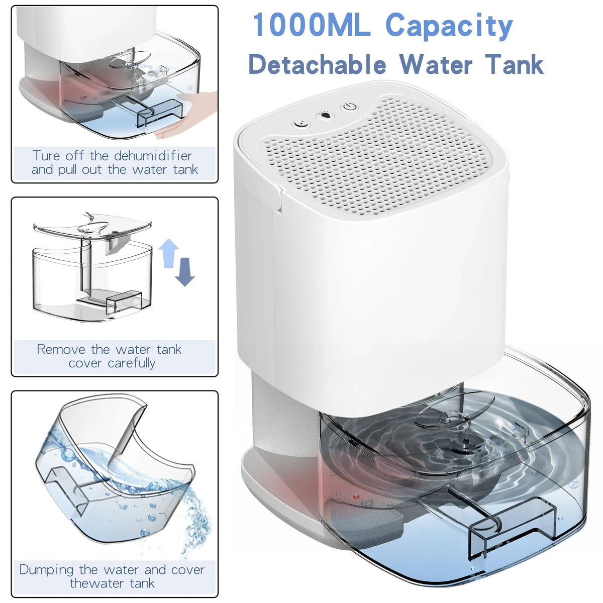 Portable Dehumidifier with Drain Hose for Basement Crawl Space and Air Purifier 1000ml