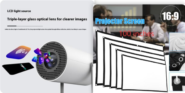Portable Projector with Outdoor Screen Ultra Short Throw Compact Design and 180° Rotation Stand