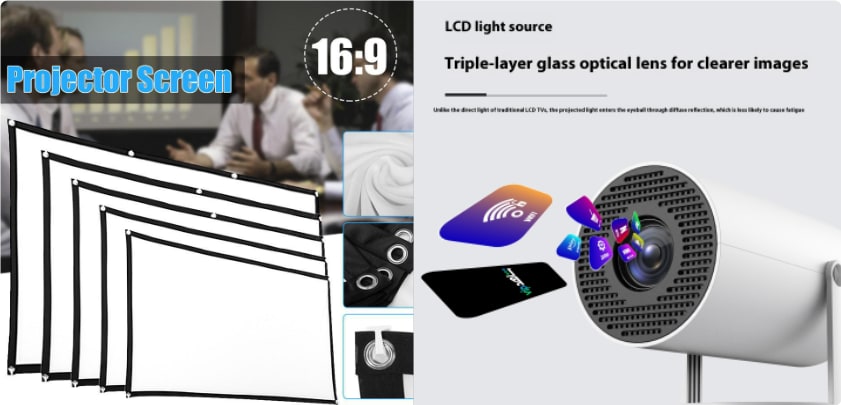 Portable Projector with Outdoor Screen Ultra Short Throw Compact Design and 180° Rotation Stand
