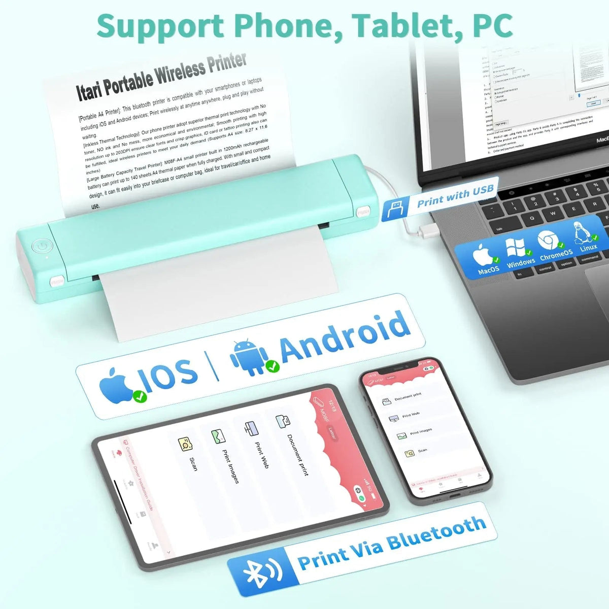Portable Thermal Printer Wireless Bluetooth USB Compact A4 Smartphone Mobile