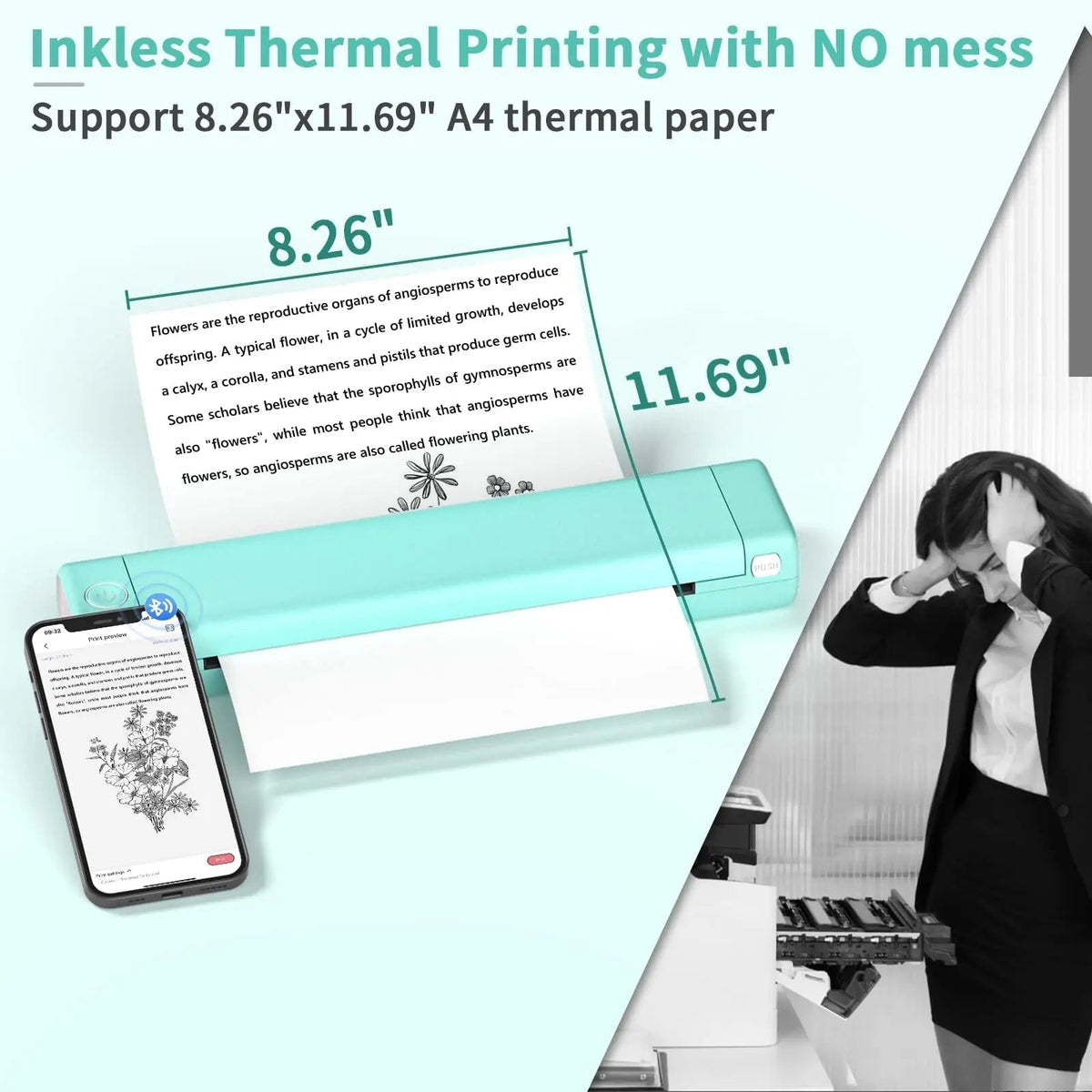 Portable Thermal Printer Wireless Bluetooth USB Compact A4 Smartphone Mobile