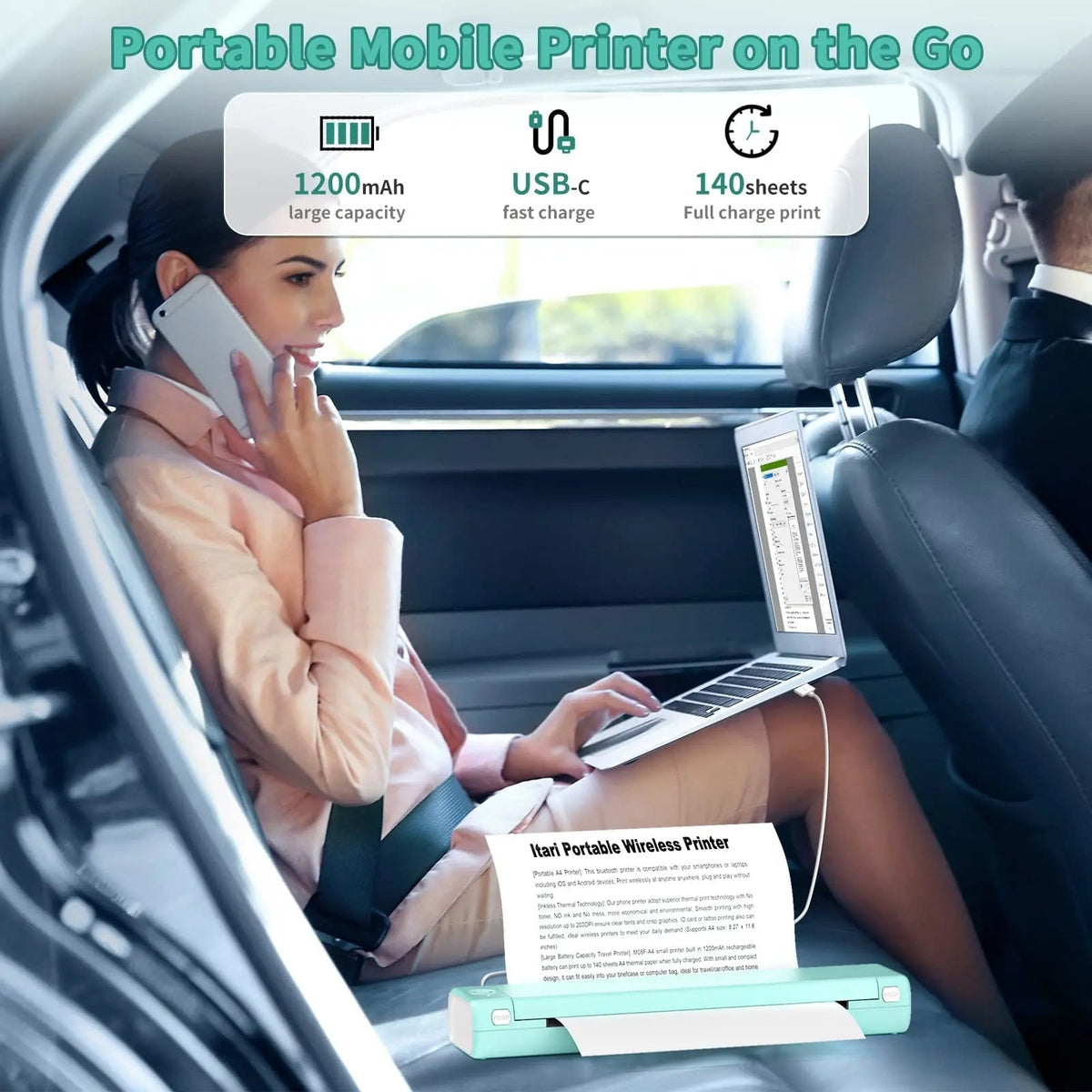 Portable Thermal Printer Wireless Bluetooth USB Compact A4 Smartphone Mobile