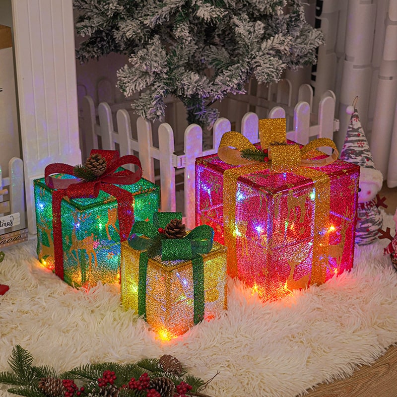 Pre-Lit Lighted Gift Boxes Outdoor Decoration Set of 3 with LED Lights Christmas