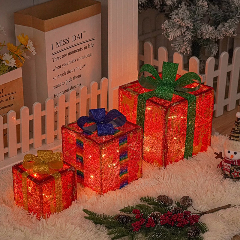 Pre-Lit Lighted Gift Boxes Outdoor Decoration Set of 3 with LED Lights Christmas