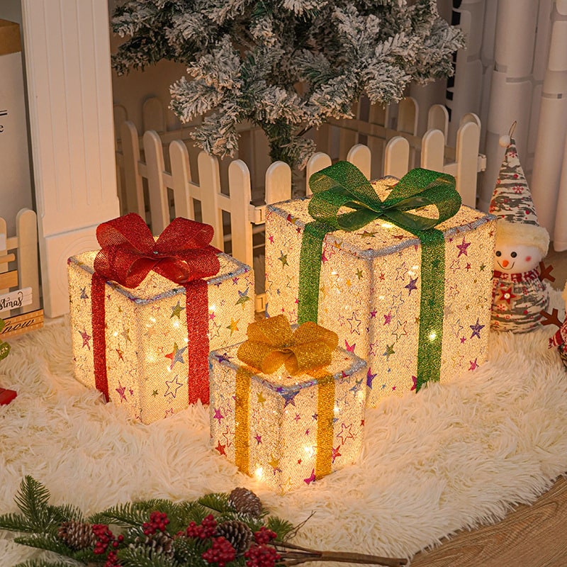 Pre-Lit Lighted Gift Boxes Outdoor Decoration Set of 3 with LED Lights Christmas
