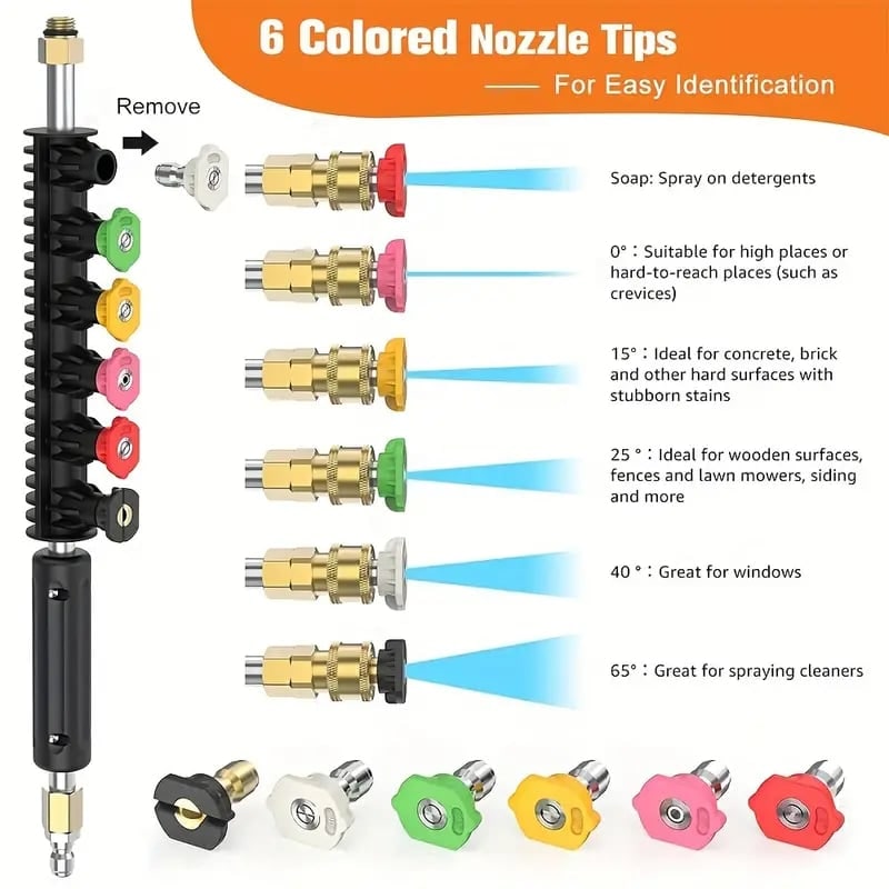 Pressure Washer Wand with Power Spray Extension Brass Couplers and Five Nozzle Tips