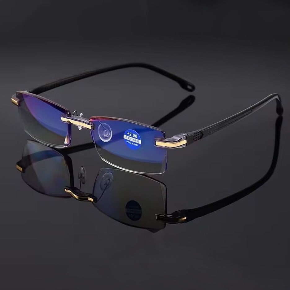 Progressive Reading Glasses Blue Light Blocking Metal Rimless Rectangular Multifocal