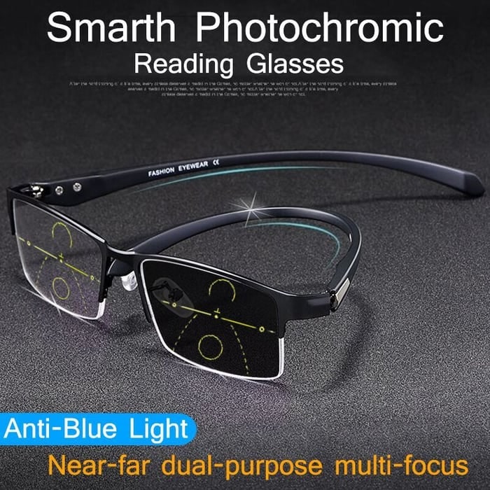 Progressive Reading Glasses Blue Light Blocking Metal Rimless Rectangular Multifocal