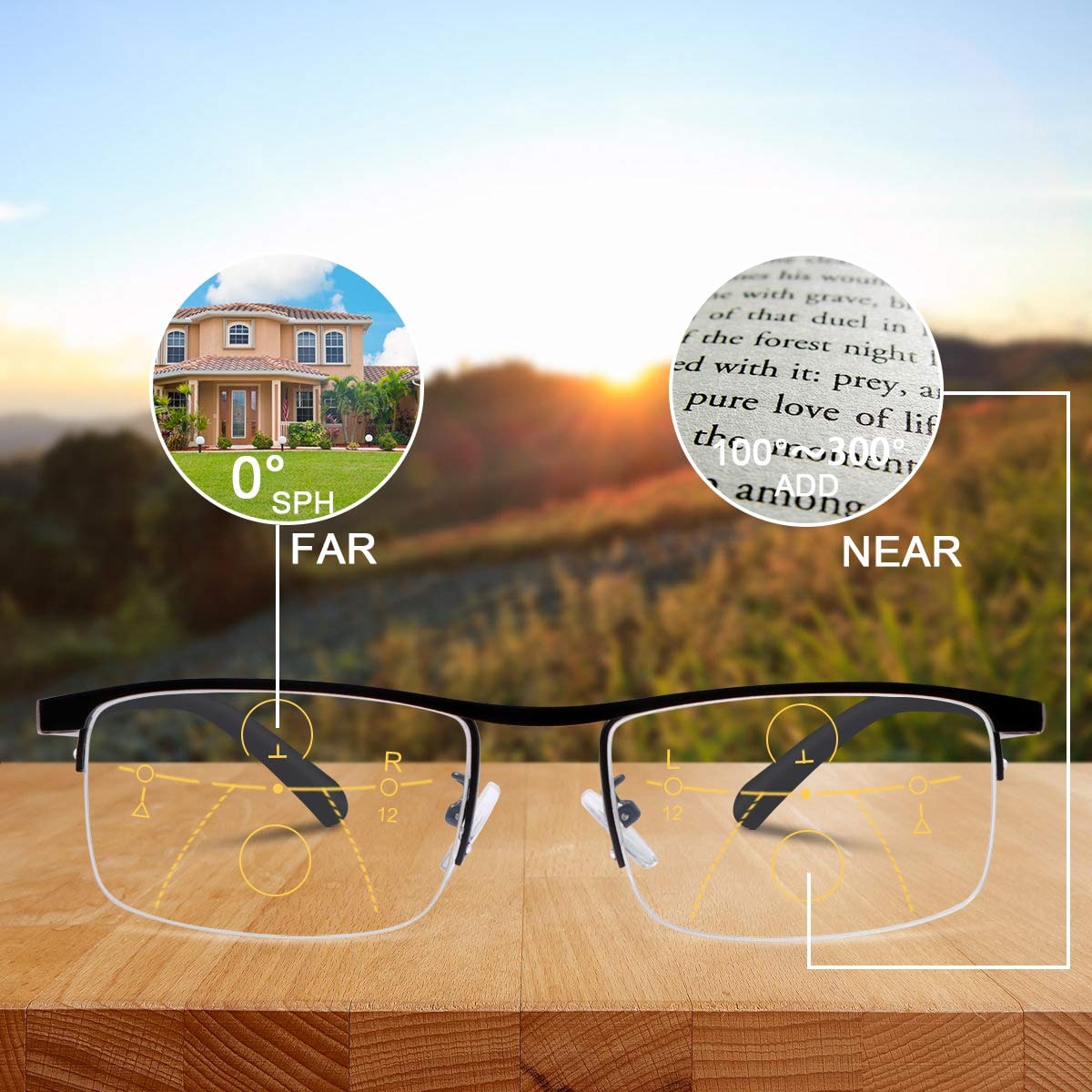 Progressive Reading Glasses Blue Light Blocking Metal Rimless Rectangular Multifocal