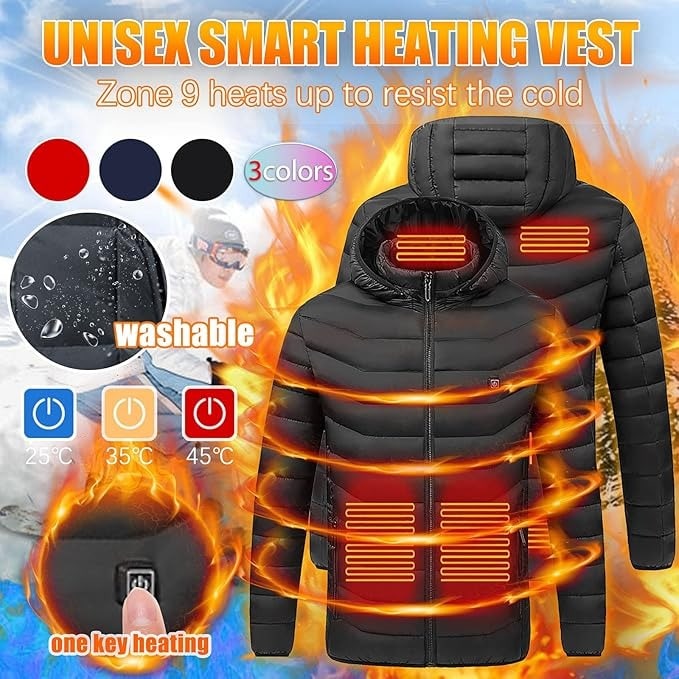 Puffer Heated Jacket with 9 Heating Zones Hood and Quilted Design