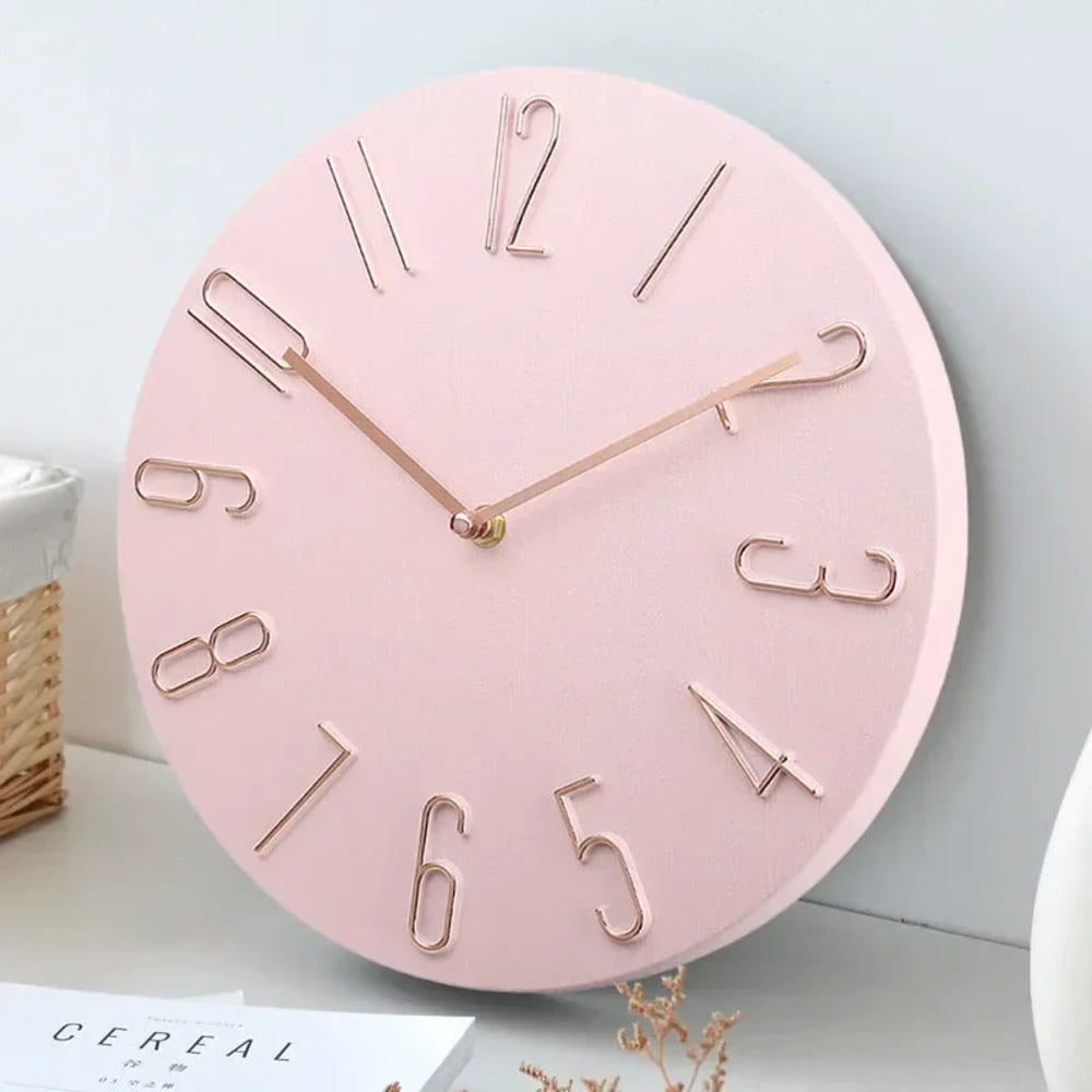 Quiet Modern Silent Round Wall Clock with Raised Wire Numbers and Wood Grain Dial