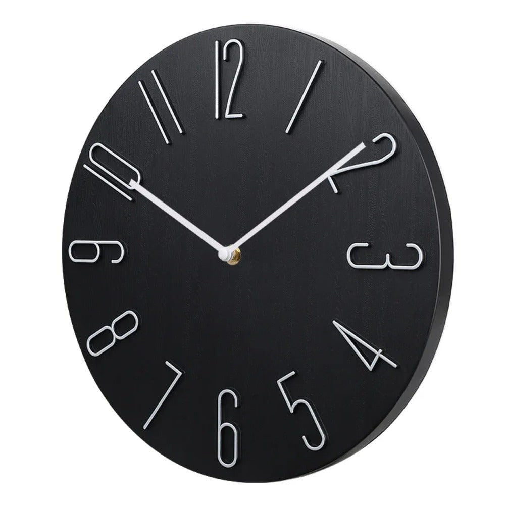 Quiet Modern Silent Round Wall Clock with Raised Wire Numbers and Wood Grain Dial