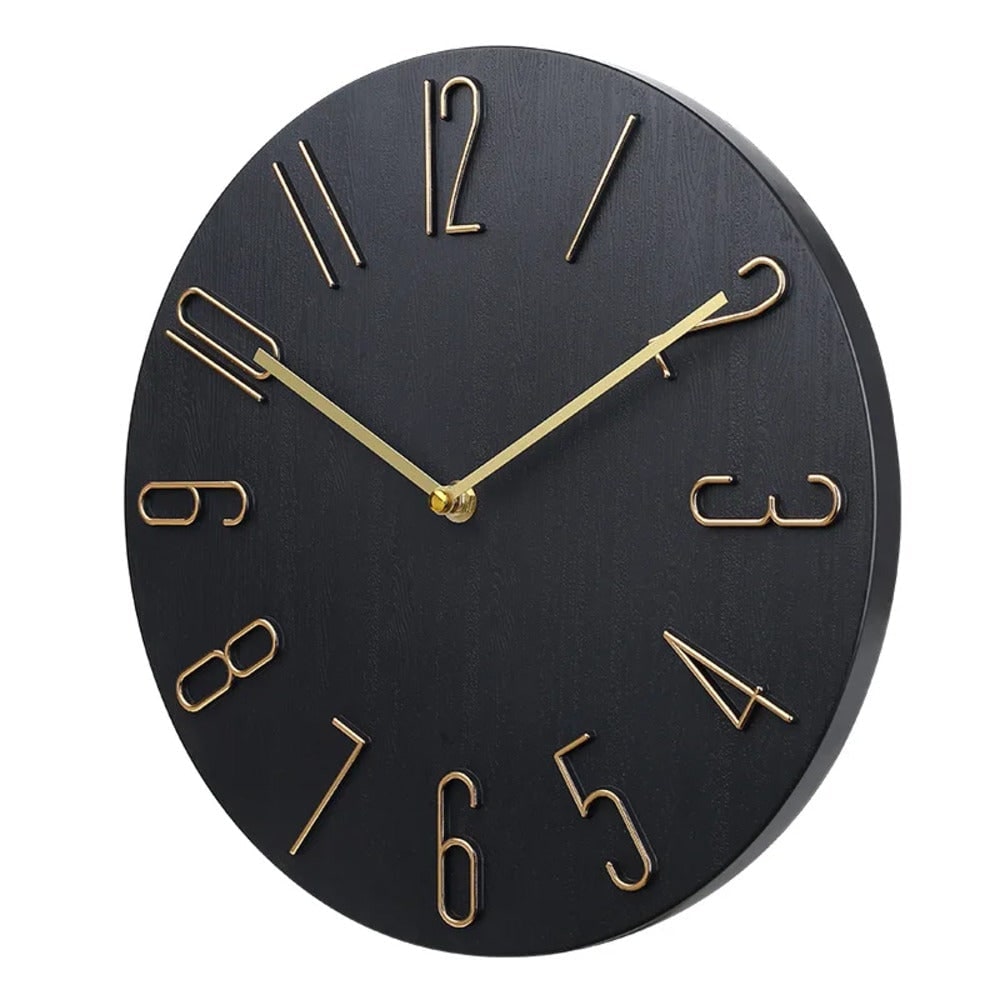 Quiet Modern Silent Round Wall Clock with Raised Wire Numbers and Wood Grain Dial