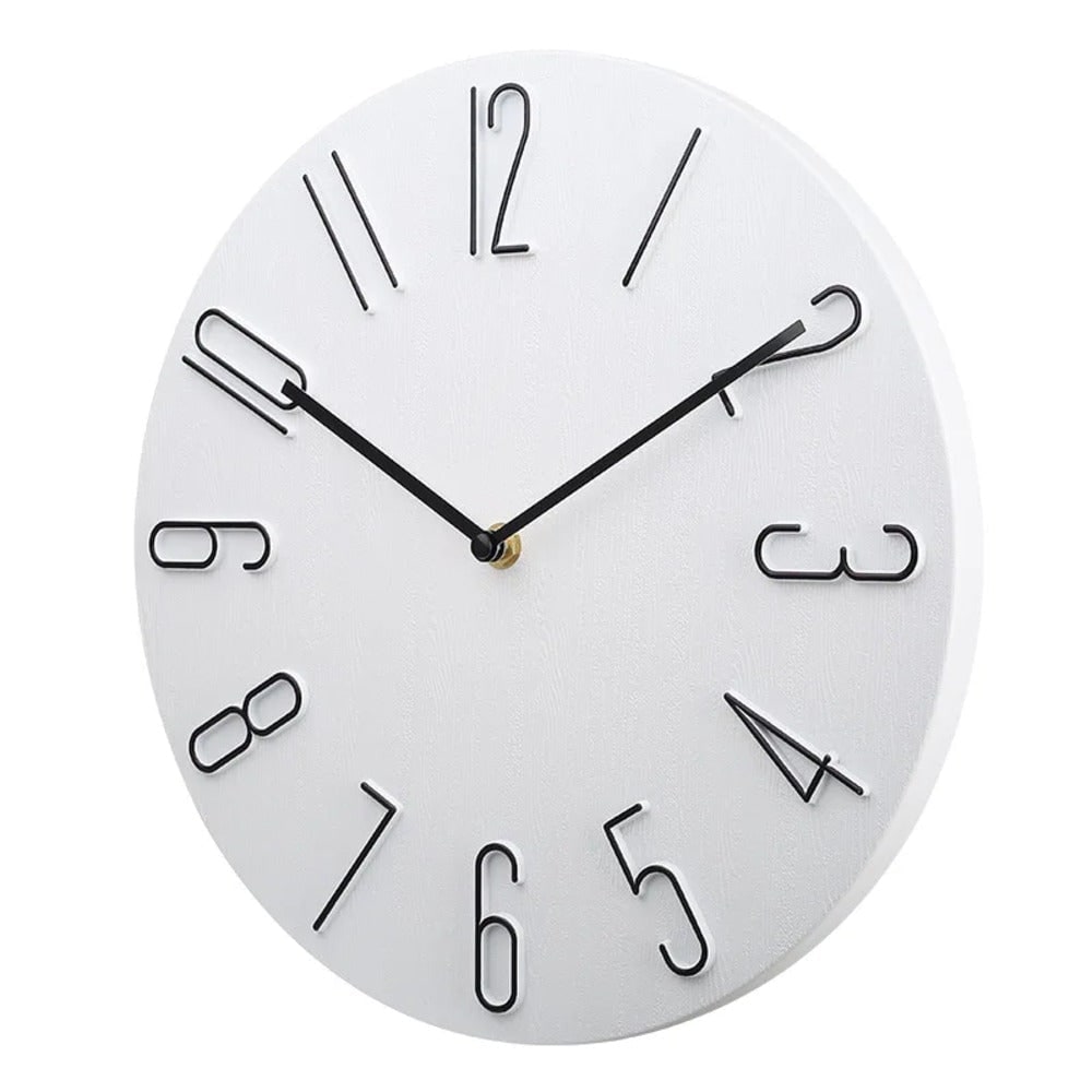 Quiet Modern Silent Round Wall Clock with Raised Wire Numbers and Wood Grain Dial