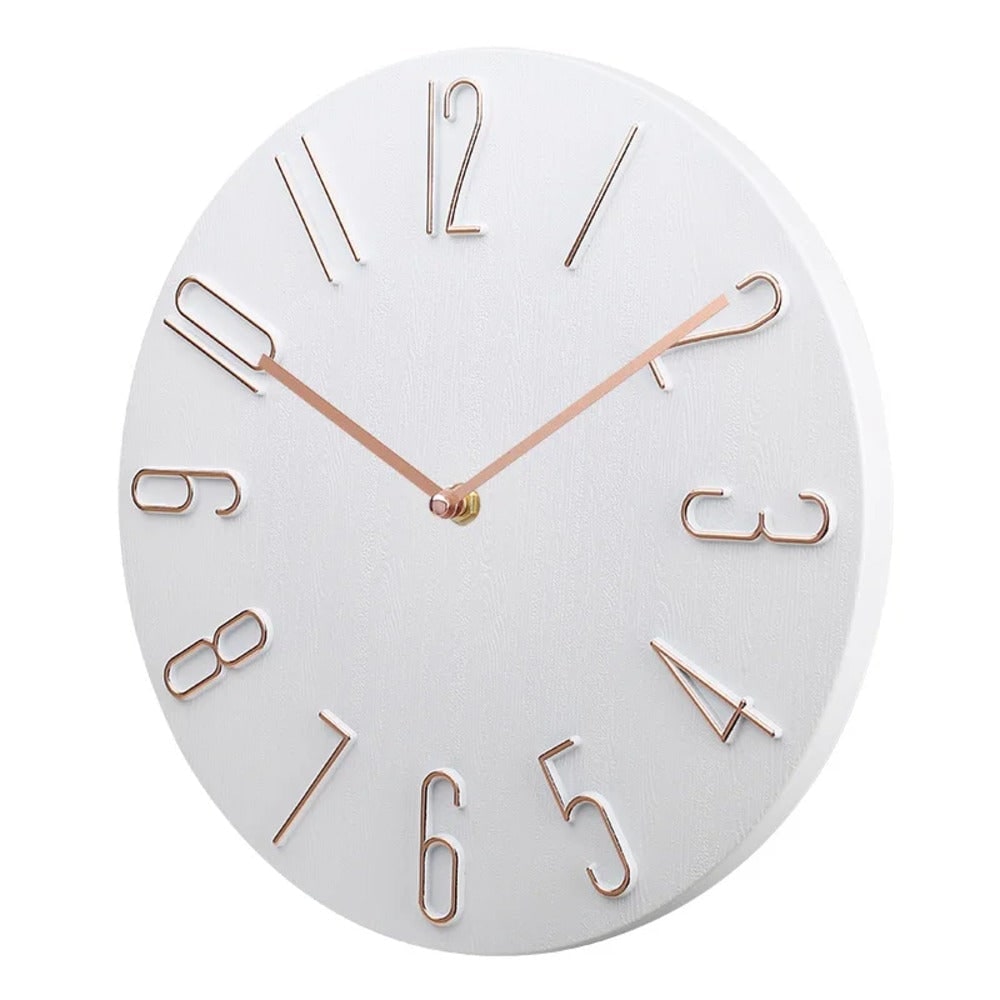 Quiet Modern Silent Round Wall Clock with Raised Wire Numbers and Wood Grain Dial
