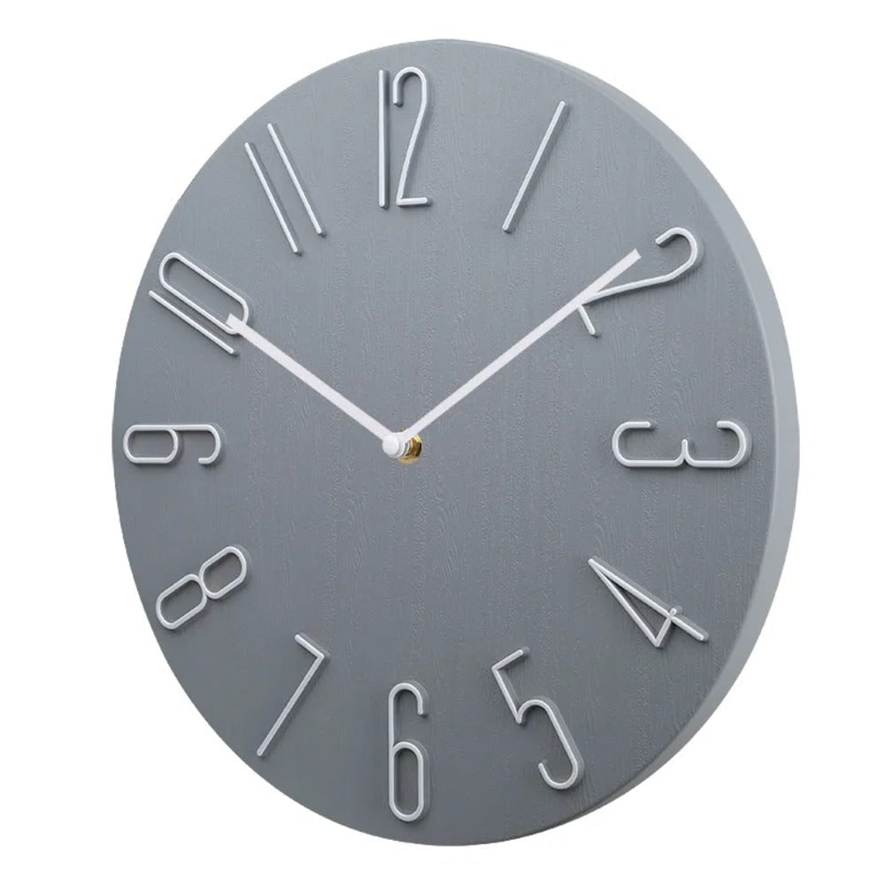 Quiet Modern Silent Round Wall Clock with Raised Wire Numbers and Wood Grain Dial