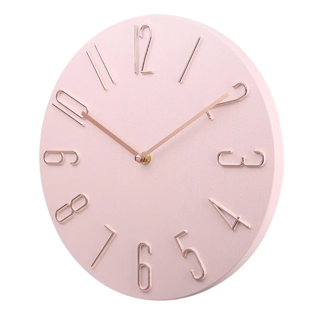Quiet Modern Silent Round Wall Clock with Raised Wire Numbers and Wood Grain Dial