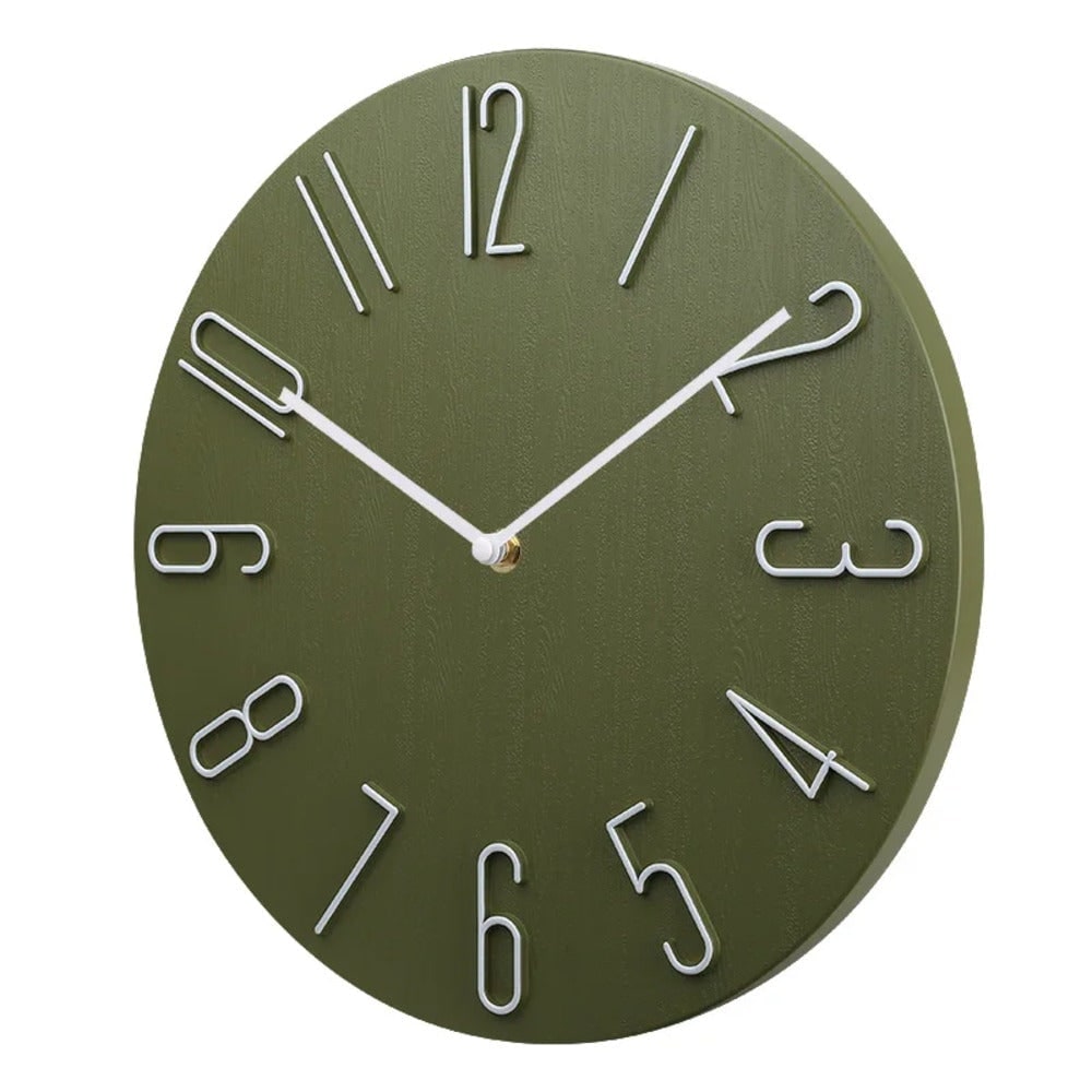 Quiet Modern Silent Round Wall Clock with Raised Wire Numbers and Wood Grain Dial