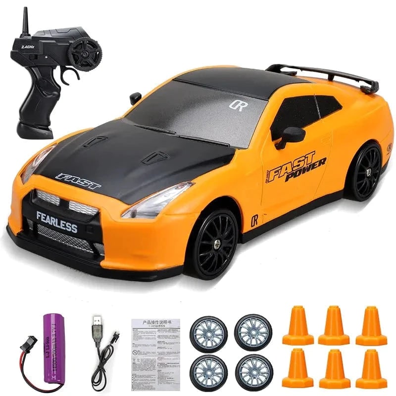 Rc Drift Car Remote Control with LED Headlights Spare Wheels and Traffic Cones