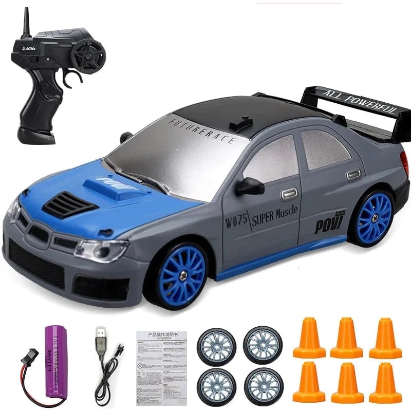Rc Drift Car Remote Control with LED Headlights Spare Wheels and Traffic Cones
