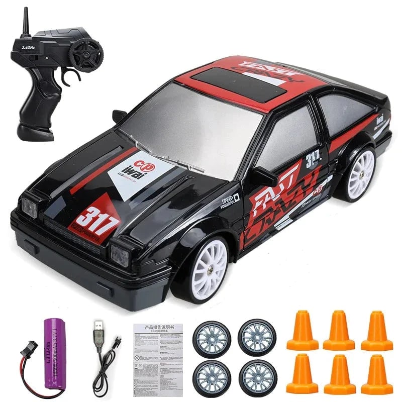 Rc Drift Car Remote Control with LED Headlights Spare Wheels and Traffic Cones
