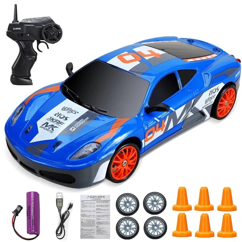 Rc Drift Car Remote Control with LED Headlights Spare Wheels and Traffic Cones