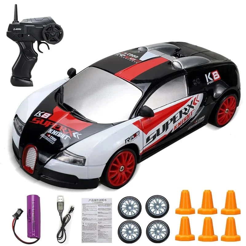Rc Drift Car Remote Control with LED Headlights Spare Wheels and Traffic Cones